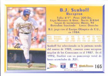1993 Pacific Spanish #165 B.J. Surhoff Back