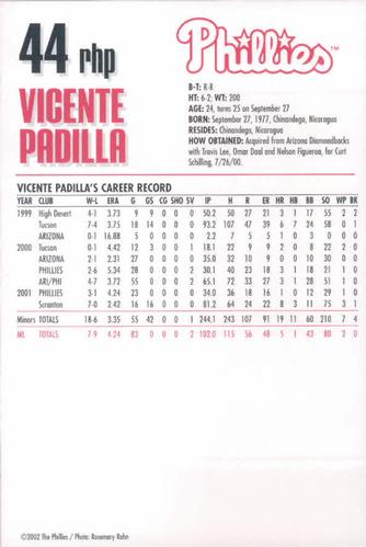 2002 Philadelphia Phillies Photocards #19 Vicente Padilla Back