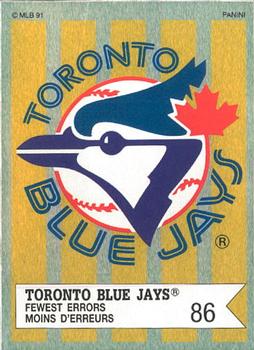 1991 Panini Top 15 (Canada) #133 Toronto Blue Jays / Fewest Errors Front