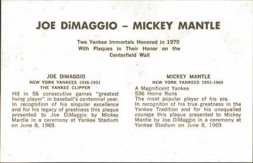 1970 New York Yankees Clinic Day Postcards #NNO Joe DiMaggio / Mickey Mantle Back