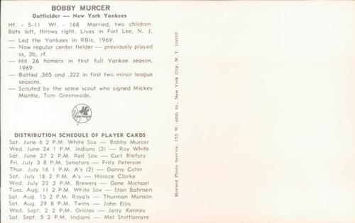 1970 New York Yankees Clinic Day Postcards #NNO Bobby Murcer Back