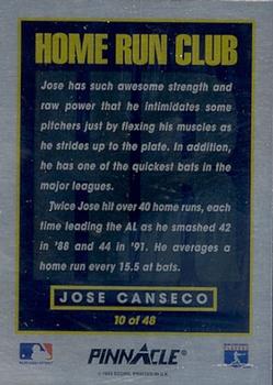 1993 Pinnacle Home Run Club #10 Jose Canseco Back