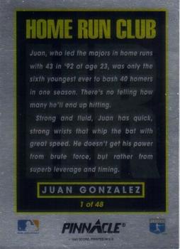 1993 Pinnacle Home Run Club #1 Juan Gonzalez Back