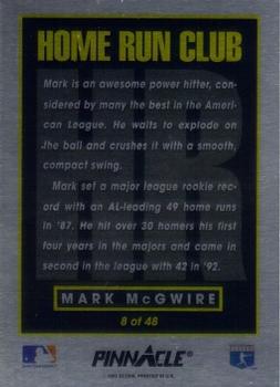 1993 Pinnacle Home Run Club #8 Mark McGwire Back