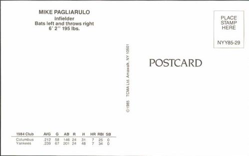 1985 TCMA New York Yankees Postcards #NYY85-29 Mike Pagliarulo Back