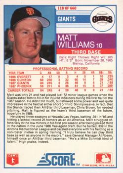 1988 Score - Glossy #118 Matt Williams Back
