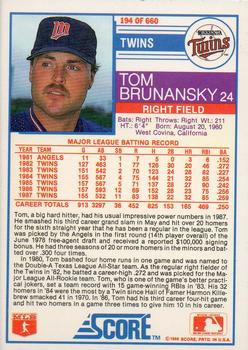 1988 Score - Glossy #194 Tom Brunansky Back