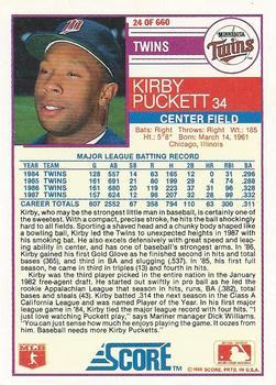 1988 Score - Glossy #24 Kirby Puckett Back