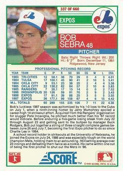 1988 Score - Glossy #337 Bob Sebra Back