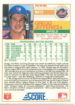 1988 Score - Glossy #645 Gregg Jefferies Back