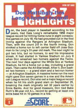 1988 Score - Glossy #658 Don Mattingly Back