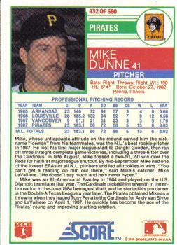 1988 Score - Glossy #432 Mike Dunne Back