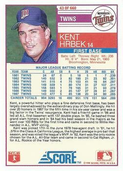 1988 Score - Glossy #43 Kent Hrbek Back