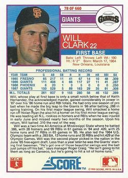 1988 Score - Glossy #78 Will Clark Back