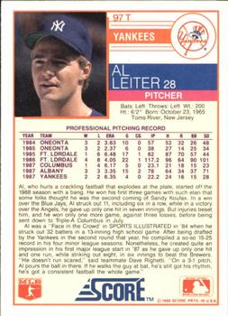 1988 Score Rookie & Traded - Glossy #97T Al Leiter Back