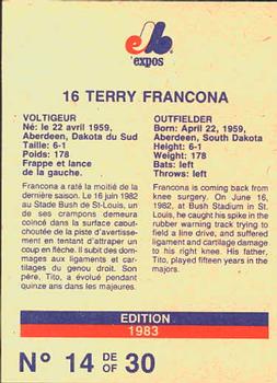 1983 Stuart Bakery Montreal Expos #14 Terry Francona Back