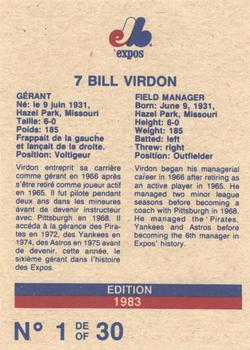 1983 Stuart Bakery Montreal Expos #1 Bill Virdon Back