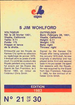 1983 Stuart Bakery Montreal Expos #21 Jim Wohlford Back
