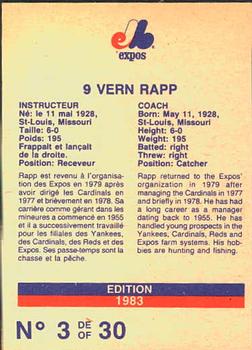 1983 Stuart Bakery Montreal Expos #3 Vern Rapp Back