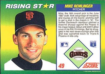 1992 Score 100 Rising Stars #49 Mike Remlinger Back