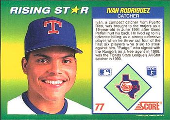 1992 Score 100 Rising Stars #77 Ivan Rodriguez Back