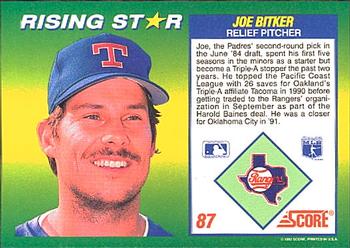 1992 Score 100 Rising Stars #87 Joe Bitker Back
