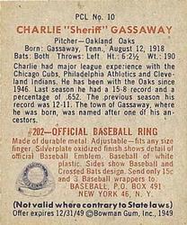 1949 Bowman PCL #10 Charlie Gassaway Back