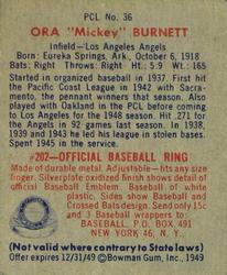 1949 Bowman PCL #36 Ora Burnett Back