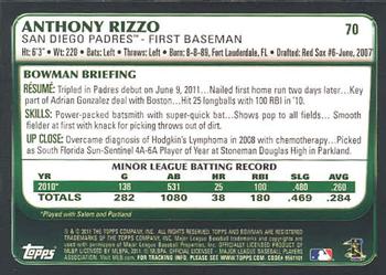 2011 Bowman Draft Picks & Prospects #70 Anthony Rizzo Back