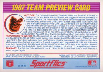 1987 Sportflics Team Preview #21 Don Aase / Eric Bell / Mike Boddicker / Ken Gerhart / Terry Kennedy / Ray Knight / Lee Lacy / Fred Lynn / Eddie Murray / Cal Ripken Jr. / Larry Sheets / Jim Traber Back