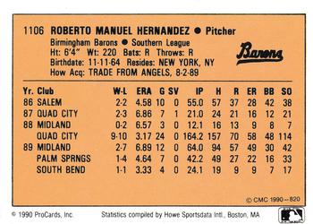 1990 CMC #820 Roberto Hernandez Back