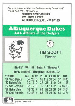 1990 CMC Albuquerque Dukes #9 Tim Scott Back