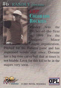 2001 Royal Rookies Throwbacks #6 Randey Dorame Back