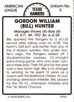 1978 SSPC 270 #104 Billy Hunter Back