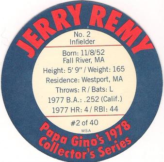 1978 Papa Gino's Discs #2 Jerry Remy Back