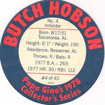 1978 Papa Gino's Discs #4 Butch Hobson Back