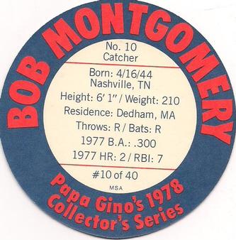 1978 Papa Gino's Discs #10 Bob Montgomery Back