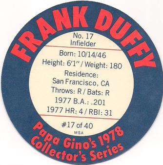 1978 Papa Gino's Discs #17 Frank Duffy Back