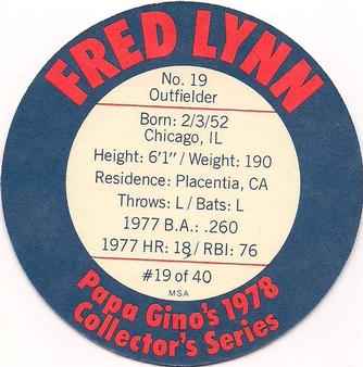 1978 Papa Gino's Discs #19 Fred Lynn Back