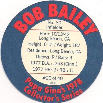 1978 Papa Gino's Discs #20 Bob Bailey Back