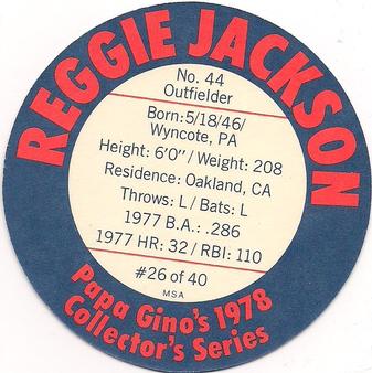 1978 Papa Gino's Discs #26 Reggie Jackson Back