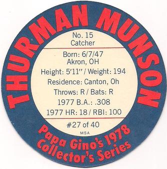 1978 Papa Gino's Discs #27 Thurman Munson Back
