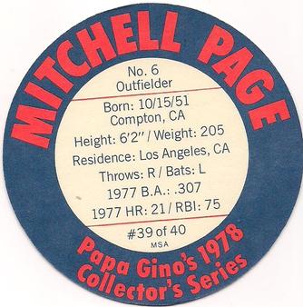1978 Papa Gino's Discs #39 Mitchell Page Back