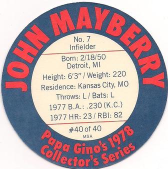 1978 Papa Gino's Discs #40 John Mayberry Back