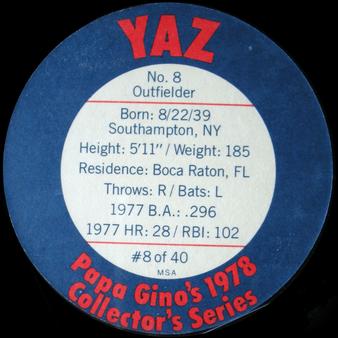 1978 Papa Gino's Discs #8 Carl Yastrzemski Back