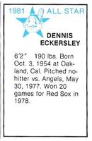 1981 All-Star Game Program Inserts #NNO Dennis Eckersley Back