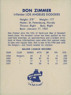 1958 Bell Brand Los Angeles Dodgers #NNO Don Zimmer Back