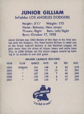 1958 Bell Brand Los Angeles Dodgers #NNO Junior Gilliam Back