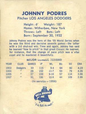 1958 Bell Brand Los Angeles Dodgers #NNO Johnny Podres Back