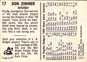 1960 Bell Brand Los Angeles Dodgers #17 Don Zimmer Back